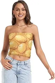 [FRODOTGV] Vintage Birds Flower Butterfly Sexy Crop Tops for Women with Mesh Strapless Bra for Women Basic Tube Top for Teen Girls Party, Cute Potatoes Yellow, Large