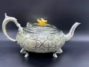 Turkish Moroccan Arabic Silver Gold Tone Teapot Bird Leaf Signed Middle Eastern