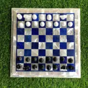 White Marble Chess Board with Lapis Inlaid Semiprecious Handmade Adult Chess Set