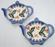 2x Boleslawiec Wiza Polish Pottery Tea Bag Holder Tea Pot Shape w/ Holly Pattern