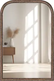 20"X30" Solid Wood Bathroom Mirror Arch Tempered Glass for Wall Mounted, Rustic