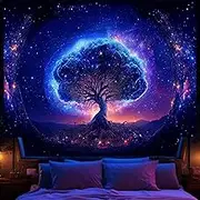 Avinyl Blacklight Tree and Space Tapestry for Bedroom, Aesthetic Cool Black Light Tree of Life Tapestries for Girl, Fantasy Stars Galaxy Wall Hanging for Living Room Teen Dorm Decor (51" x 60")