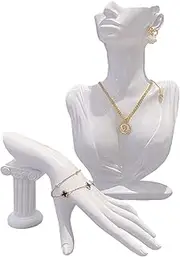 Papinimo Set of 2 Resin Jewelry Mannequin Bust Set Necklace Display Earring Pendant Chain Display Stand Model Holder for Shows Selling Home Decor, White Head/Hand Set