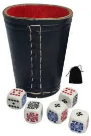 Premium 16mm Poker Dice White w/Pouch + Genuine Leather Compact Cup Black Red