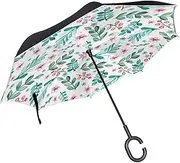 Double Layer Inverted Umbrella Cars Reverse Umbrella Watercolor Flowers Leaves Windproof UV Proof Travel Outdoor Umbrella
