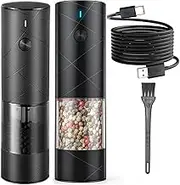 Aswalling 2 PCS Electric Salt and Pepper Grinder Set USB Rechargeable Black with Warm LED Light, Adjustable Coarseness Large Capacity