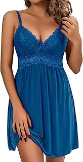 [Oberitiny] Women Lace Modal Nightwear Sleepwear Chemises V-Neck Full Slip Babydoll Nightgown