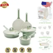 Durable Sage Green Ceramic Nonstick Cookware - 8-Piece Set with Glass Lids