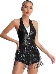 [Sinleey] Women's Latin Dance Costume Sequin Tassel Leotard Dress Jazz Tango Salsa Bodysuit Dancewear