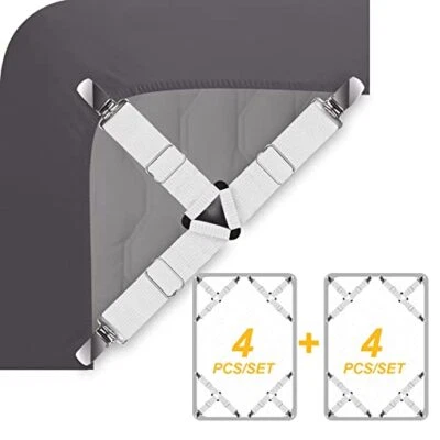 Bed Sheet Straps Fasteners 2-Set White Elastic Triangle Adjustable Fitted She...