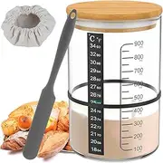 BOBASH 6 in 1 Glass Sourdough Starter Jar Kit, 900ml Sourdough Starter Jar with Scale Thermometer Paper Sourdough Jar, Sourdough Starter Container with Wooden Lid Cloth Cover for Fermentation