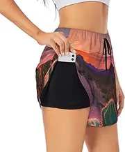 [WURTON] Cactus Desert Sunset Print Exercise Gym Workout Shorts Women's Athletic Shorts Dual-Layered Yoga Running Shorts