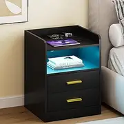 Advwin Bedside Table 2 Drawers, LED Nightstand with Human Induction, Wireless Charging Station and USB & Type-C Port, Chest of Drawers with Storage Shelf, Black (1, Black)