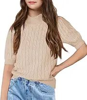 [GoyRrbay] Girl's Puff Short Sleeve Sweaters Turtleneck Knit Soft Pullover Tops
