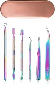 TOROKOM 6 PCS Cuticle Pusher Remover Kit Professional, Stainless Steel Double-Ended Manicure and Pedicure Tools Set for Nails Care Beauty Clean Fingernails Toenails with Storage Case (Chameleon)