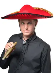 Large Red Sombrero Mexican Hat with Black Pom Poms
