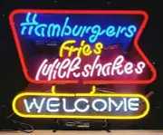 Hamburgers Fires Milkshakes Welcome Neon Light Sign 24"x20" Custom for Food Shop