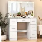 Dressing Table Vanity Makeup Desk With Vanity Mirror,7 Drawers,LED Light Bulbs