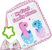 Baby Photo Album, Pink Dinosaur Photo Books for Toddlers, Soft Polyester for 17 Pictures with Hooks to Remember Faces Names, First Photo Album Made of Soft Fabric for Baby Growth, Children