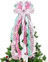 Pastel Christmas Tree Topper Wreath Large Christmas Bow Tree Topper Pink Blue White Candy Gift Bow for Xmas Ornament Family Wedding Thanksgiving Indoor Outdoor Decoration 44.9x11.8 Inch