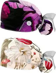 [YTYVAGT] 2-Pc,Nurse Scrub Caps,Scrub Hats with Buttons and Cotton Sweatband,Butterfly Purple Fans