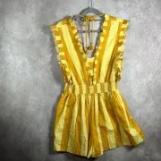 Anthropologie Plenty Tracy Reese Romper Womens Medium Yellow Striped Ruffle NEW