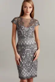 Tadashi Shoji Mist Gray Metallic Sheer Sequin Lace Embroidered Tulle Dress 14 XL