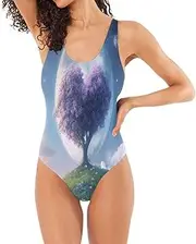 [Joisal] Heart Tree Stars Blue Slimming Swimsuits Backless Bathing Suits for Women One Piece, Heart Tree Purple, Small