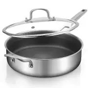 Saute Pan with Lid 5 Quarts12.5 Inch 18/10 Tri-Ply Nonsitck Large Frying Pan ...