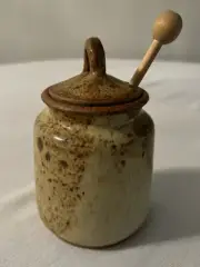 Handcrafted Pottery 1988 Vintage Honey Pot Jar w/Lid & Wooden Dipper Signed