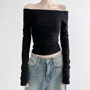 Long-Sleeve Off-Shoulder Plain Crop Slim Fit T-Shirt Black - M