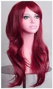 70cm Wavy Curly Sleek Full Hair Lady Wigs w Side Bangs Cosplay Costume Womens, Burgundy