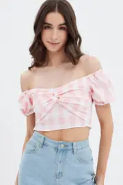 Pink Check Gingham Twist Front Crop Top - Size 12, Women's Crop Top