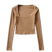 Long-Sleeve Square Neck Plain Cropped T-Shirt Khaki - M