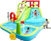 WELLFUNTIME Inflatable Water Slide Park with Splash Pool Climb The Wall, 3 Inflatable Sport Balls and 4 Water Guns, Water Slide with Air Blower
