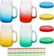 eispap 16 oz Glass Mason Jars with Handles Set Of 4 Colored Frosted and Metal Lids and Hard Plastic Straws Drinking Glasses Cups Mug Set for Iced Coffee, Tea