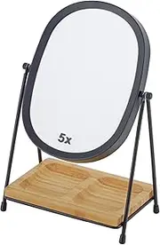 JOYOEIKON Classic Dual Sided 5X and 1X Magnifying Makeup Mirror and Tabletop Standing 360° Rotation Vanity Mirror,Desktop Cosmetic Mirror (Matt Black with Bamboo Tray)