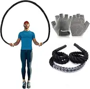 Fitness Weighted Jump Rope 25mm Heavy Battle Skipping Ropes Strength Training Exercise Rope Building Muscle(3m with grey glove)