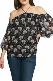 1.State Off The Shoulder Sheer Chiffon Blouse Black XXS (5705)