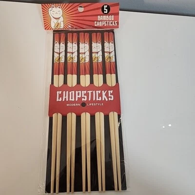 Maneki Cat 9" Bamboo Chopsticks 5 PAIR NEW