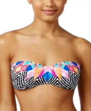 Bar III BLACK/WHITE MULTI Feather Daze Bandeau Bikini Swim Top, US X-Small