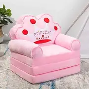 Homodoskey Kids Couch Fold Out, Foldable Princess Chair for Toddlers 1-3, Sofa Bed for Kids Folding Toddler Bed Lounger Chair for Bedroom, Toddler Couch Bed for Girl(Crown, Pink)