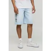 Mens Light Blue Regular Fit Cross Embellished Blue Washed Jorts