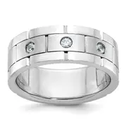 14k White Gold 1/6 Ct. Lab Grown Diamond VS/SI+ G+ Three Stone Polished Satin and Grooved Men's Ring