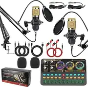 Podcast Equipment Bundle for 2 Person Live Streaming & Recording Broadcast Kit Audio Interface with Sound Card Microphones Plug-and-Play Voice Changer Function Studio Equipment for YouTube Tiktok