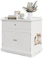 Giantex Cat Litter Box Enclosure - Cat Washroom Hidden Furniture with Large Drawer, Double Doors, Side Entry, Wooden Cat House Side Table with Storage, Enclosed Litter Box Cabinet (White)