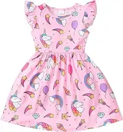 [Akyzic] Baby Girls Dress Unicorn Casual Flutter Sleeve Swing Sundress Birthday Party Summer Playwear Dresses 1-8 Years Old