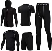 [Flyself] Mens 5pcs Compression Sports Gym Fitness Clothing Set, Quick Dry Sports T Shirt, Gym Leggings for Running Cycling, Base Layers Tights with Loose Fitting Shorts