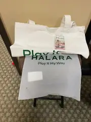 Adult NEW "Halara" ‘Play It My Way’ canvas ivory and green shopping bag.