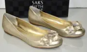 $365 New Saks Fifth Avenue Rachel Flats Gold Leather Platinum 3 D Shoes 9.5